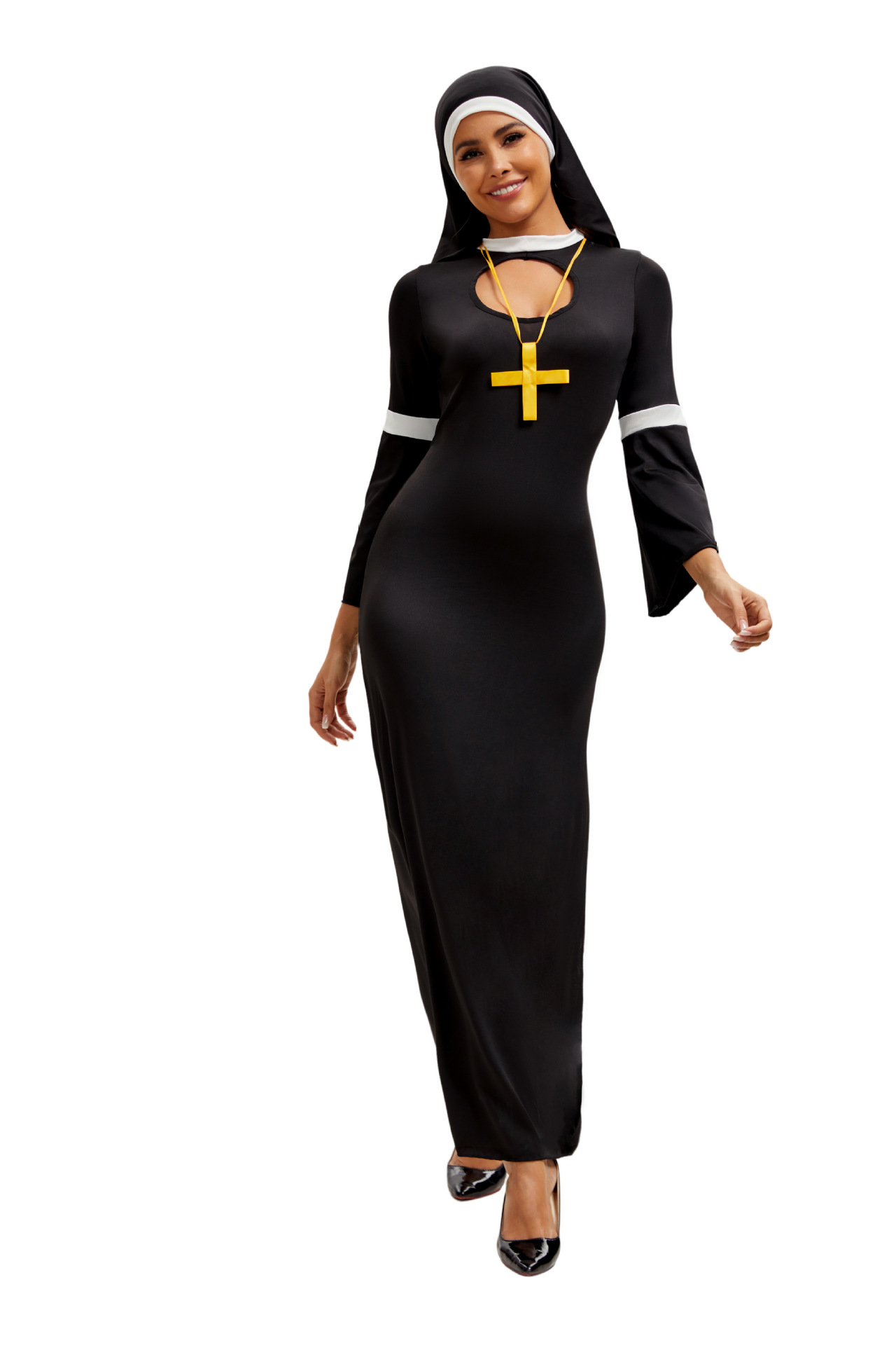 Sexy Cosplay Nun Costumes 3 Piece Sets Cutout Split Maxi Dresses